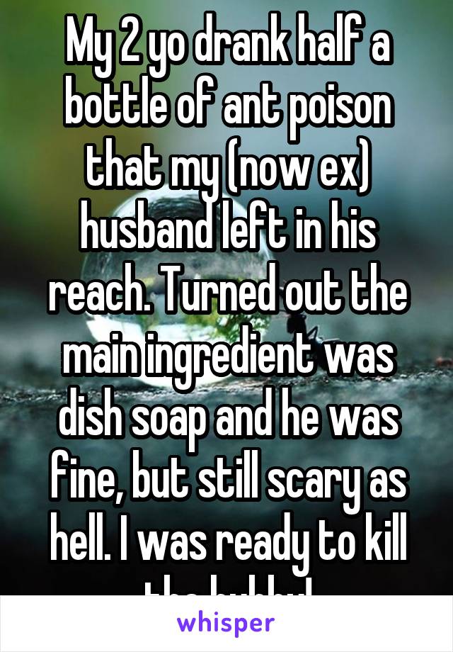 My 2 yo drank half a bottle of ant poison that my (now ex) husband left in his reach. Turned out the main ingredient was dish soap and he was fine, but still scary as hell. I was ready to kill the hubby!