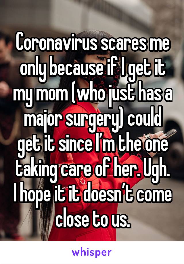 Coronavirus scares me only because if I get it my mom (who just has a major surgery) could get it since I’m the one taking care of her. Ugh. I hope it it doesn’t come close to us.