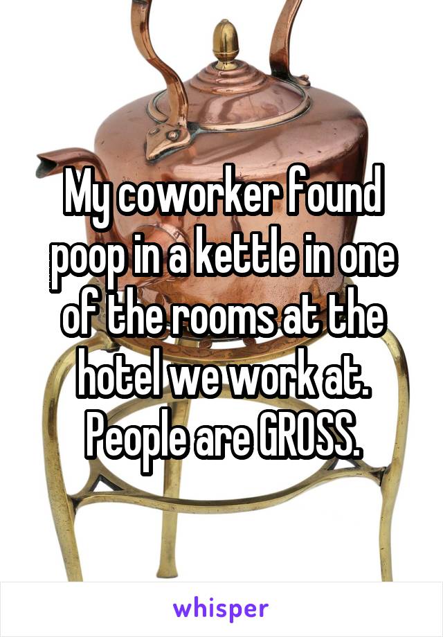 My coworker found poop in a kettle in one of the rooms at the hotel we work at. People are GROSS.