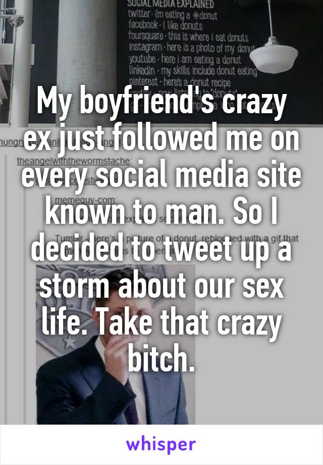 My boyfriend's crazy ex just followed me on every social media site known to man. So I decided to tweet up a storm about our sex life. Take that crazy bitch.