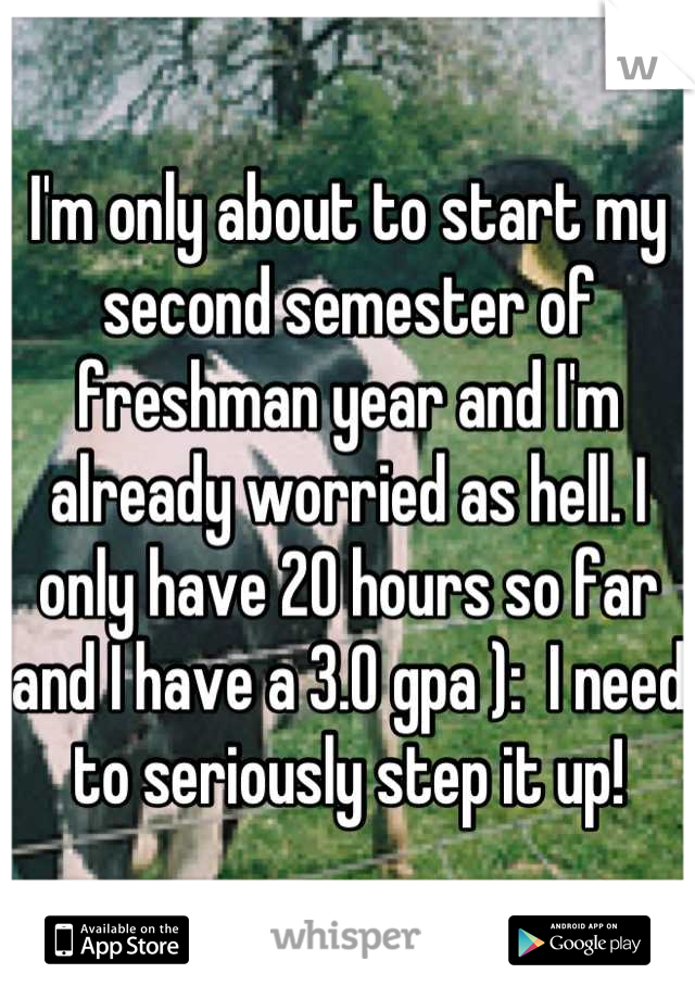 I'm only about to start my second semester of freshman year and I'm already worried as hell. I only have 20 hours so far and I have a 3.0 gpa ):  I need to seriously step it up!