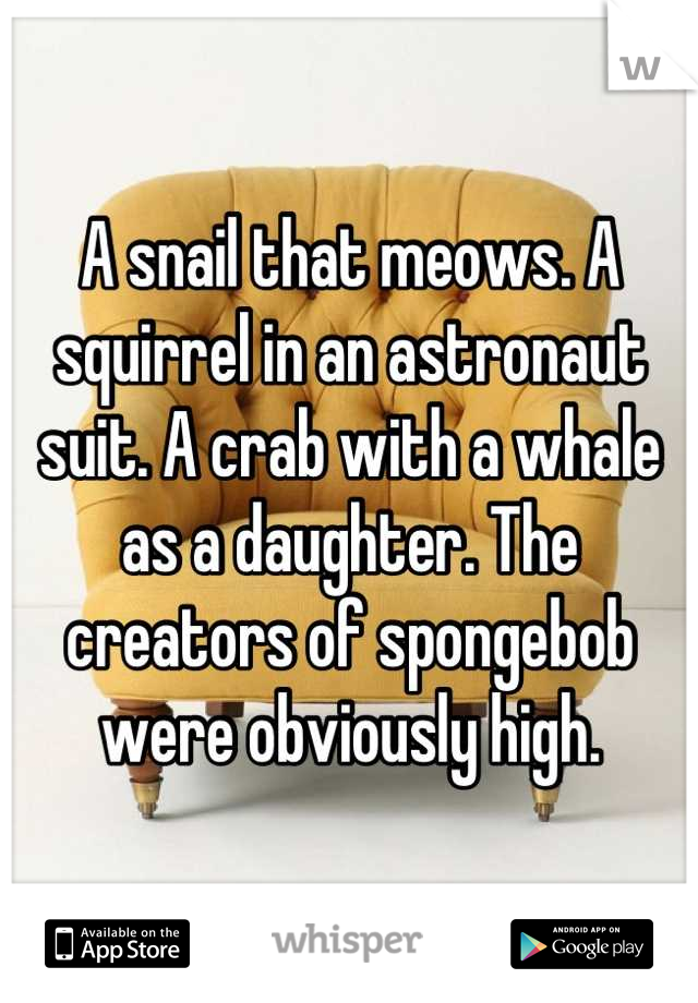 A snail that meows. A squirrel in an astronaut suit. A crab with a whale as a daughter. The creators of spongebob were obviously high.