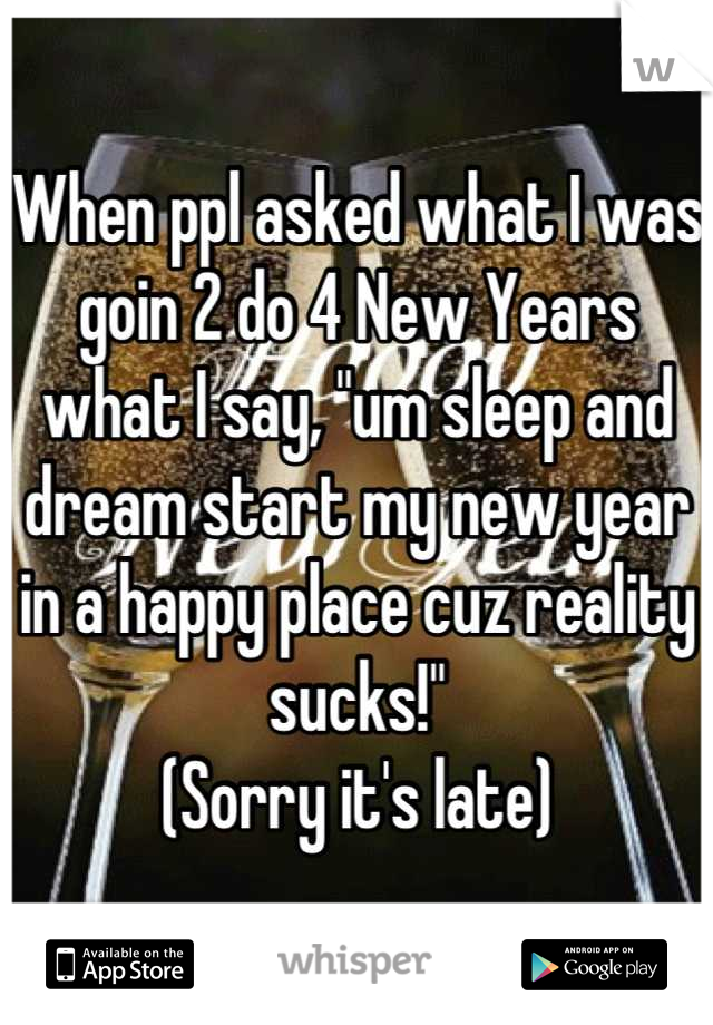 When ppl asked what I was goin 2 do 4 New Years what I say, "um sleep and dream start my new year in a happy place cuz reality sucks!" 
(Sorry it's late)