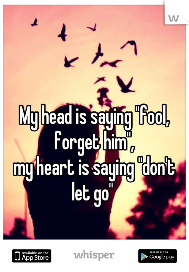 My head is saying "fool, forget him", 
my heart is saying "don't let go" 