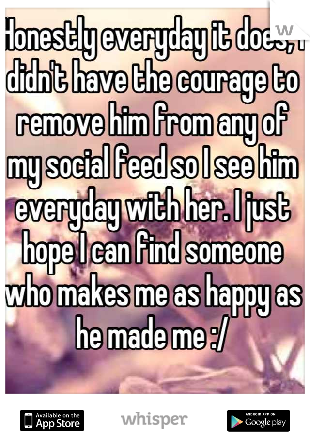Honestly everyday it does, I didn't have the courage to remove him from any of my social feed so I see him everyday with her. I just hope I can find someone who makes me as happy as he made me :/
