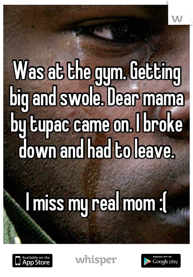 Was at the gym. Getting big and swole. Dear mama by tupac came on. I broke down and had to leave. 

I miss my real mom :(