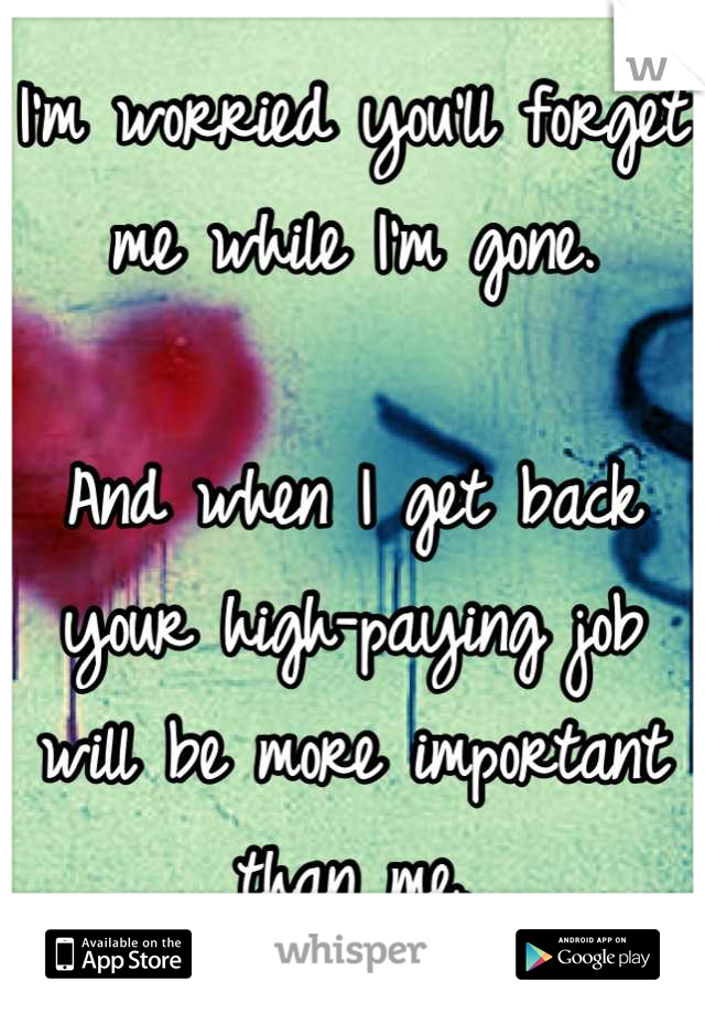 I'm worried you'll forget me while I'm gone. 

And when I get back your high-paying job will be more important than me.