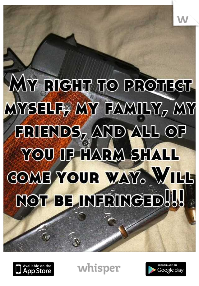 My right to protect myself, my family, my friends, and all of you if harm shall come your way. Will not be infringed!!!
