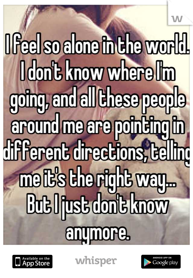 I feel so alone in the world. I don't know where I'm going, and all these people around me are pointing in different directions, telling me it's the right way...
But I just don't know anymore.