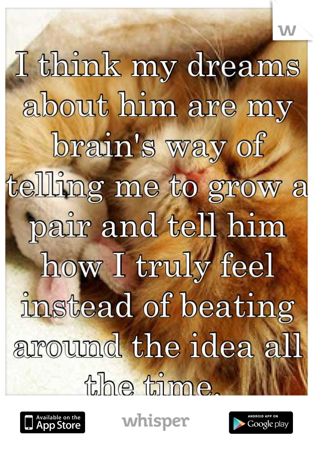 I think my dreams about him are my brain's way of telling me to grow a pair and tell him how I truly feel instead of beating around the idea all the time. 