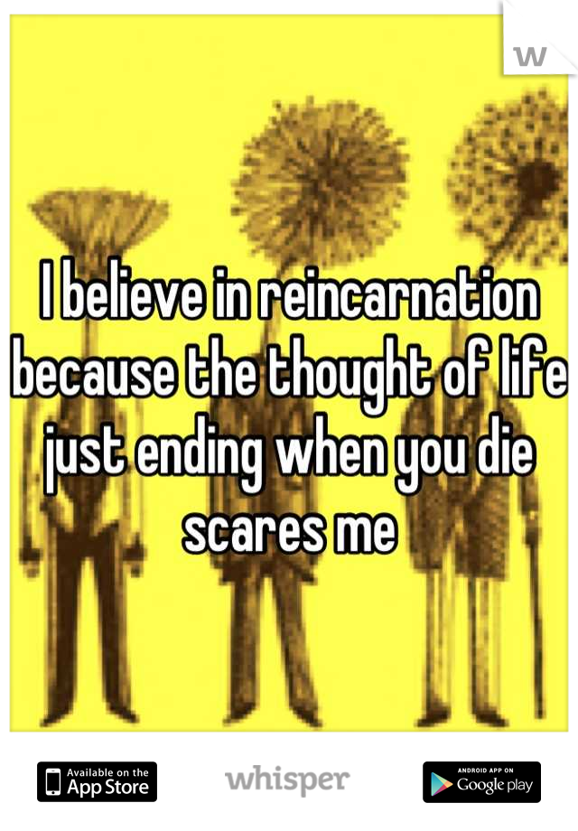 I believe in reincarnation because the thought of life just ending when you die scares me