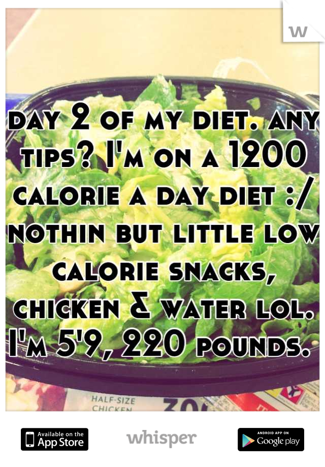 day 2 of my diet. any tips? I'm on a 1200 calorie a day diet :/ nothin but little low calorie snacks, chicken & water lol. I'm 5'9, 220 pounds. 