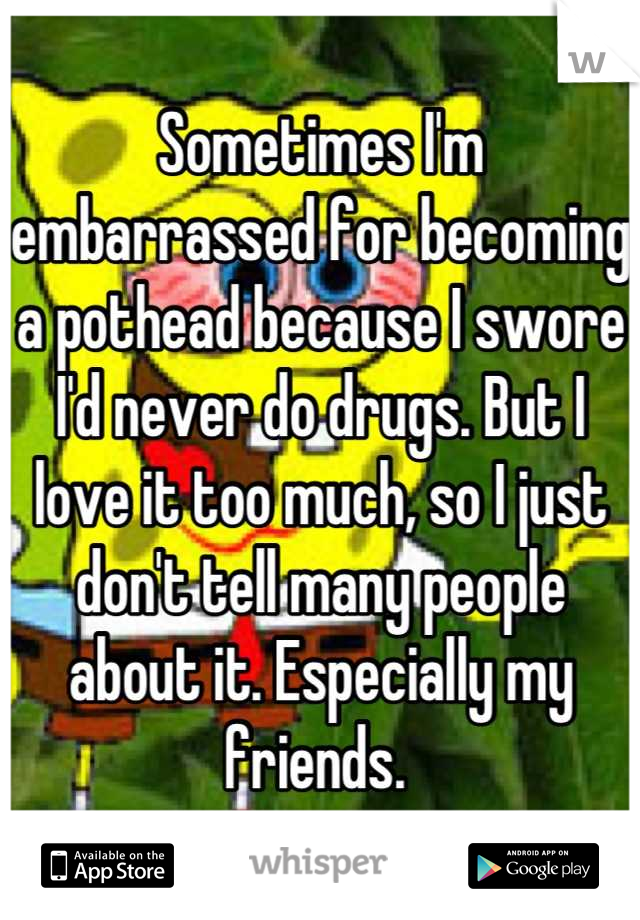 Sometimes I'm embarrassed for becoming a pothead because I swore I'd never do drugs. But I love it too much, so I just don't tell many people about it. Especially my friends. 