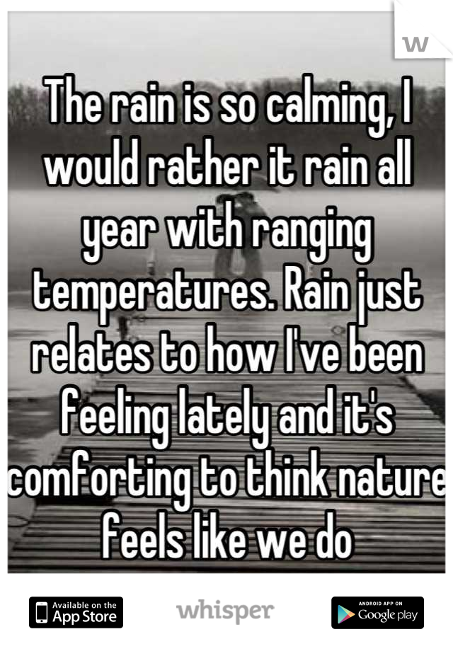 The rain is so calming, I would rather it rain all year with ranging temperatures. Rain just relates to how I've been feeling lately and it's comforting to think nature feels like we do