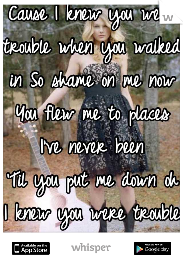 Cause I knew you were trouble when you walked in So shame on me now
You flew me to places I've never been
'Til you put me down oh
I knew you were trouble when you walked 
