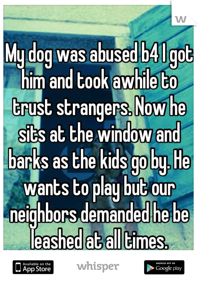 My dog was abused b4 I got him and took awhile to trust strangers. Now he sits at the window and barks as the kids go by. He wants to play but our neighbors demanded he be leashed at all times.