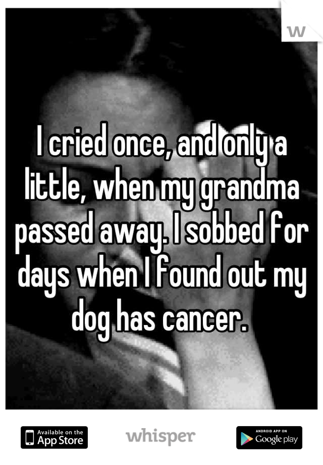 I cried once, and only a little, when my grandma passed away. I sobbed for days when I found out my dog has cancer. 