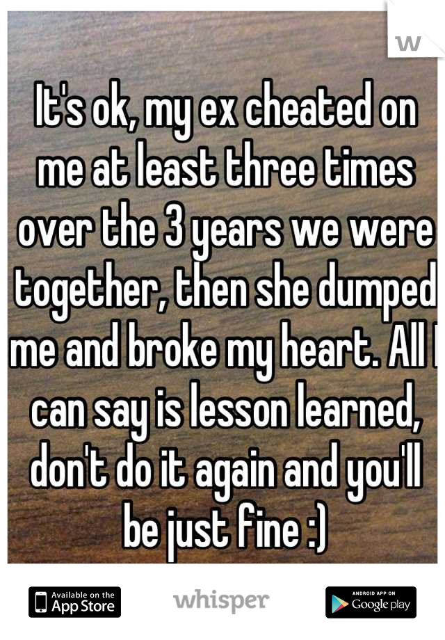 It's ok, my ex cheated on me at least three times over the 3 years we were together, then she dumped me and broke my heart. All I can say is lesson learned, don't do it again and you'll be just fine :)