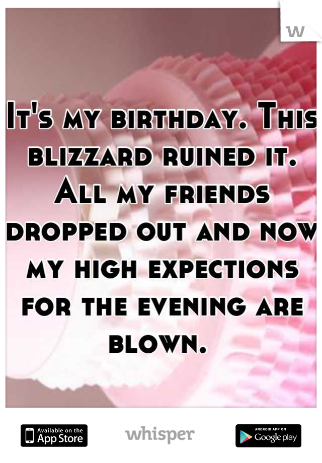 It's my birthday. This blizzard ruined it. All my friends dropped out and now my high expections for the evening are blown. 