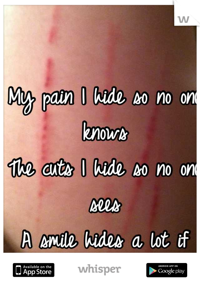 My pain I hide so no one knows
The cuts I hide so no one sees 
A smile hides a lot if tears 