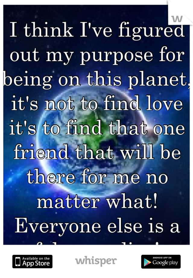 I think I've figured out my purpose for being on this planet, it's not to find love it's to find that one friend that will be there for me no matter what!
Everyone else is a fake or a liar!