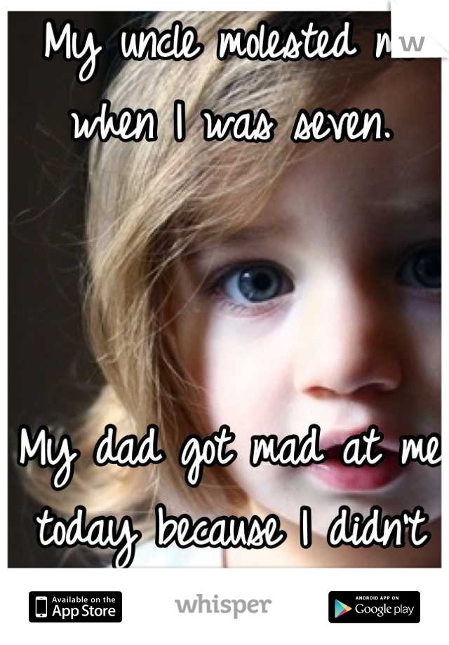 My uncle molested me when I was seven. 



My dad got mad at me today because I didn't say hi to him. I'm sorry daddy