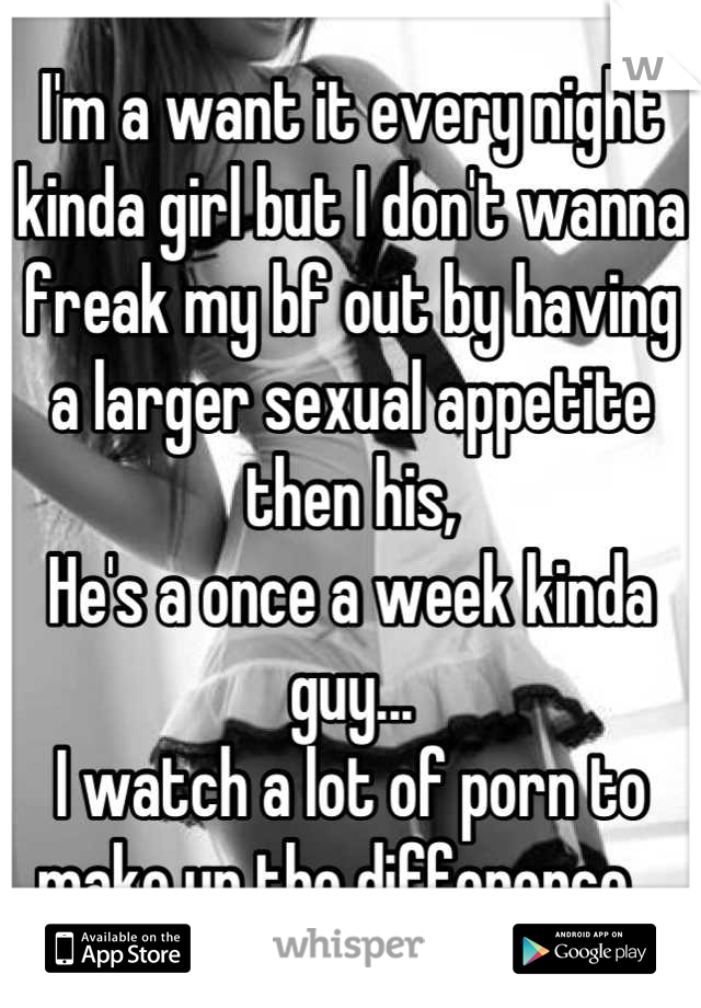 I'm a want it every night kinda girl but I don't wanna freak my bf out by having a larger sexual appetite then his, 
He's a once a week kinda guy... 
I watch a lot of porn to make up the difference...