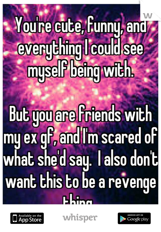 You're cute, funny, and everything I could see myself being with. 

But you are friends with my ex gf, and I'm scared of what she'd say.  I also don't want this to be a revenge thing. 