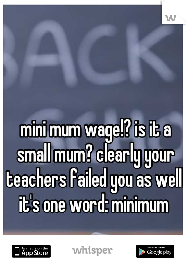 mini mum wage!? is it a small mum? clearly your teachers failed you as well. it's one word: minimum 