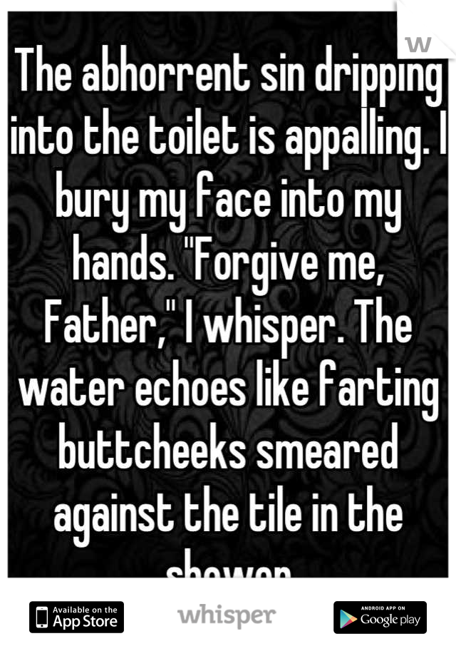 The abhorrent sin dripping into the toilet is appalling. I bury my face into my hands. "Forgive me, Father," I whisper. The water echoes like farting buttcheeks smeared against the tile in the shower