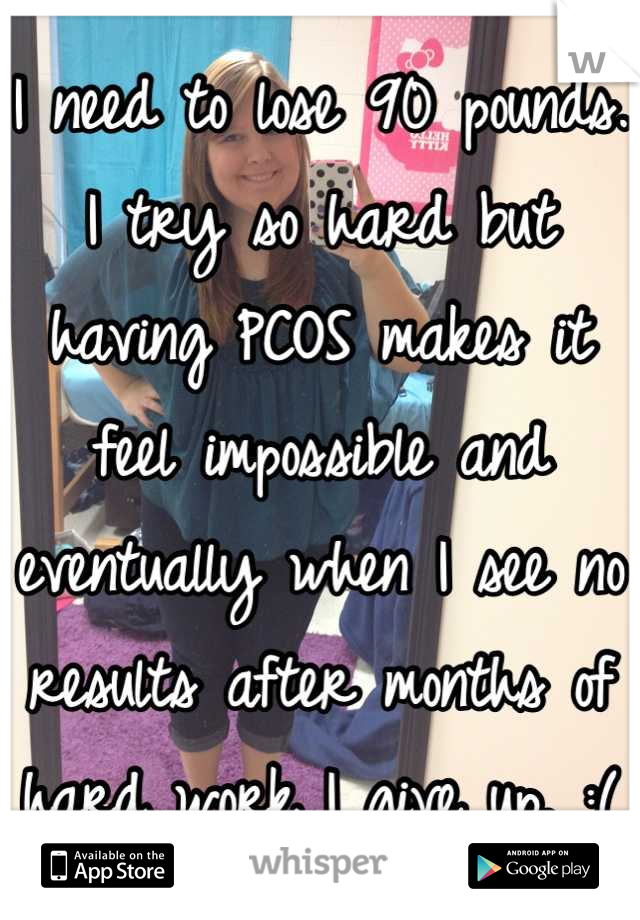 I need to lose 90 pounds. I try so hard but having PCOS makes it feel impossible and eventually when I see no results after months of hard work I give up. :(