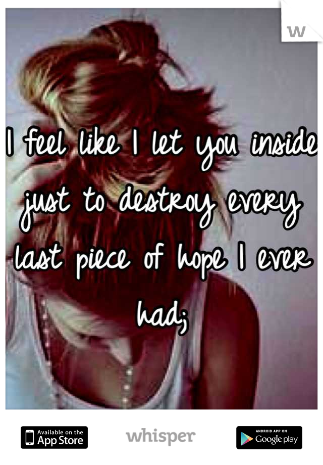 I feel like I let you inside just to destroy every last piece of hope I ever had;