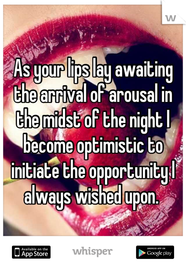 As your lips lay awaiting the arrival of arousal in the midst of the night I become optimistic to initiate the opportunity I always wished upon. 