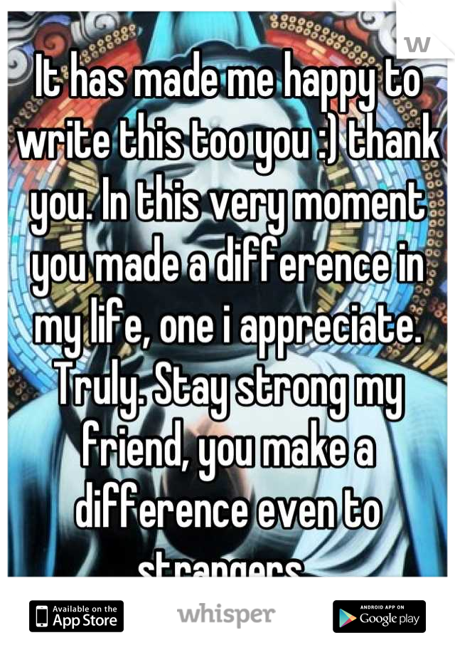 It has made me happy to write this too you :) thank you. In this very moment you made a difference in my life, one i appreciate. Truly. Stay strong my friend, you make a difference even to strangers. 