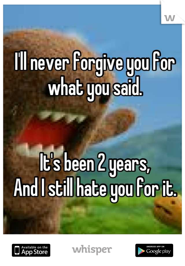I'll never forgive you for what you said.


It's been 2 years,
And I still hate you for it.