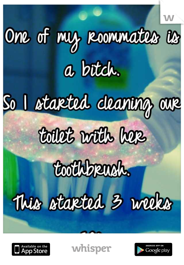 One of my roommates is a bitch.
So I started cleaning our toilet with her toothbrush.
This started 3 weeks ago.