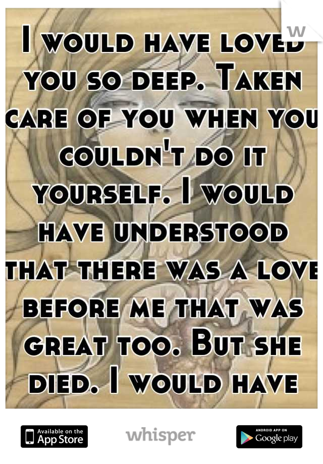 I would have loved you so deep. Taken care of you when you couldn't do it yourself. I would have understood that there was a love before me that was great too. But she died. I would have loved her too.