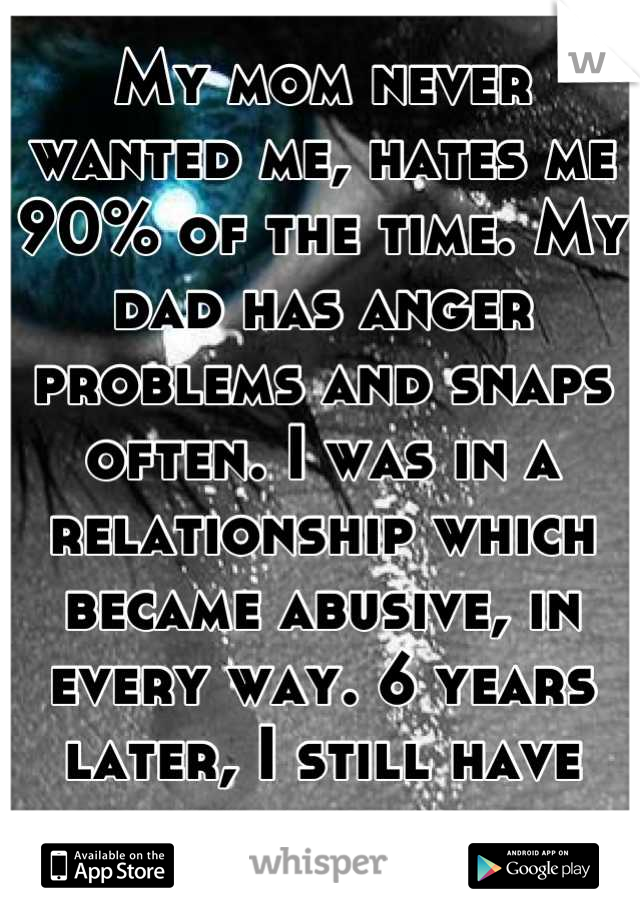 My mom never wanted me, hates me 90% of the time. My dad has anger problems and snaps often. I was in a relationship which became abusive, in every way. 6 years later, I still have nightmares of it. 