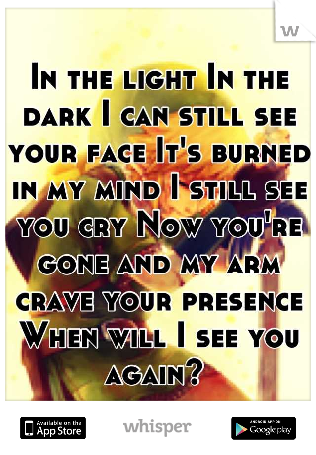In the light In the dark I can still see your face It's burned in my mind I still see you cry Now you're gone and my arm crave your presence When will I see you again? 