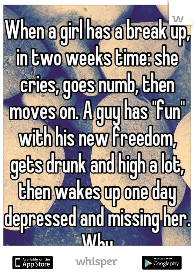 When a girl has a break up, in two weeks time: she cries, goes numb, then moves on. A guy has "fun" with his new freedom, gets drunk and high a lot, then wakes up one day depressed and missing her. Why