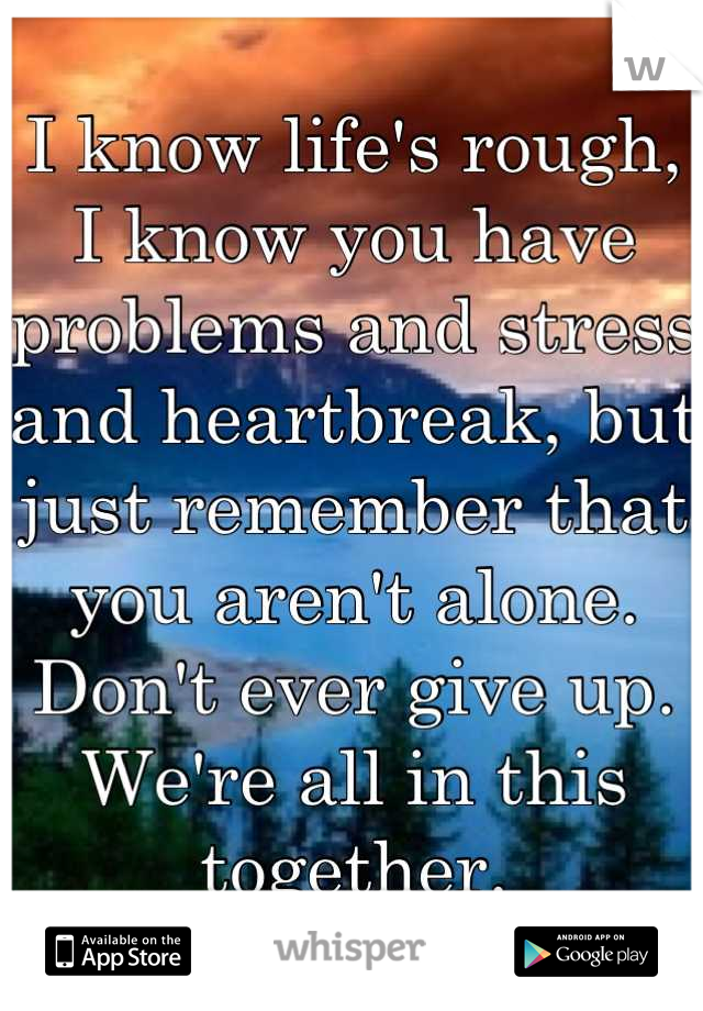 I know life's rough, I know you have problems and stress and heartbreak, but just remember that you aren't alone.  Don't ever give up.  We're all in this together.