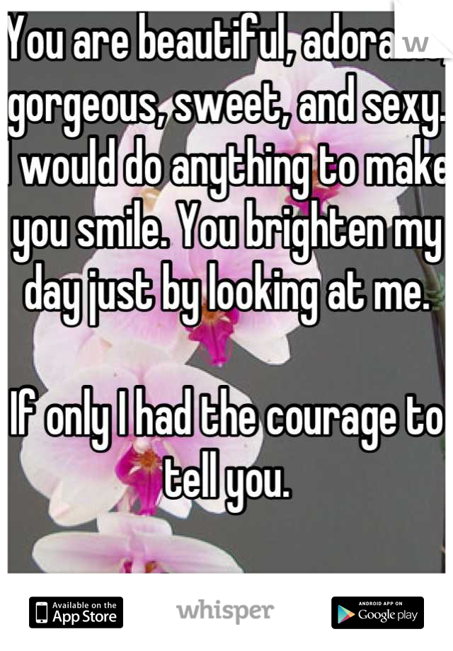 You are beautiful, adorable, gorgeous, sweet, and sexy. I would do anything to make you smile. You brighten my day just by looking at me.

If only I had the courage to tell you.

I love you. 