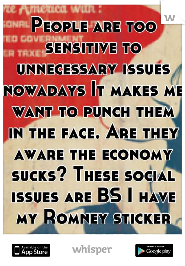 People are too sensitive to unnecessary issues nowadays It makes me want to punch them in the face. Are they aware the economy sucks? These social issues are BS I have my Romney sticker still on my car