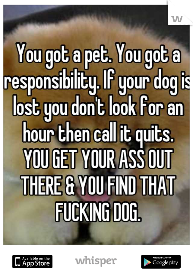 You got a pet. You got a responsibility. If your dog is lost you don't look for an hour then call it quits. 
YOU GET YOUR ASS OUT THERE & YOU FIND THAT FUCKING DOG.