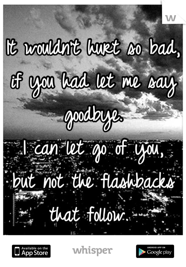 It wouldn't hurt so bad,
if you had let me say goodbye.
I can let go of you,
but not the flashbacks that follow. 