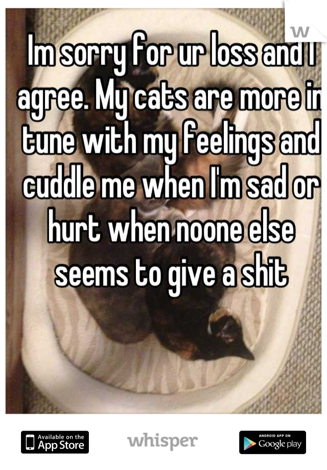 Im sorry for ur loss and I agree. My cats are more in tune with my feelings and cuddle me when I'm sad or hurt when noone else seems to give a shit