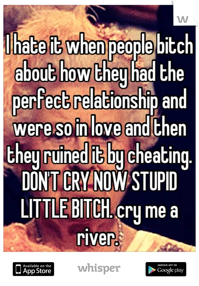 I hate it when people bitch about how they had the perfect relationship and were so in love and then they ruined it by cheating. DON'T CRY NOW STUPID LITTLE BITCH. cry me a river. 
