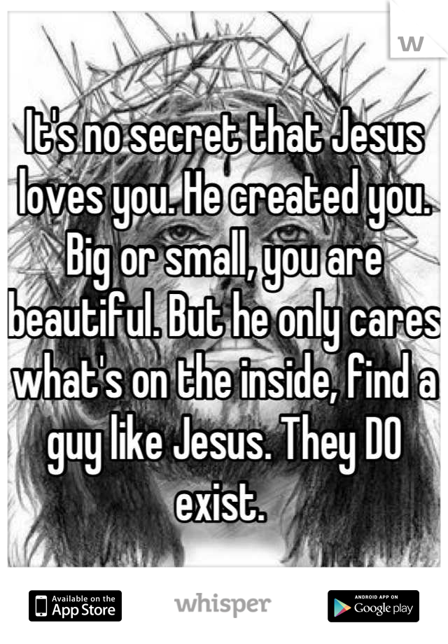 It's no secret that Jesus loves you. He created you. Big or small, you are beautiful. But he only cares what's on the inside, find a guy like Jesus. They DO exist. 