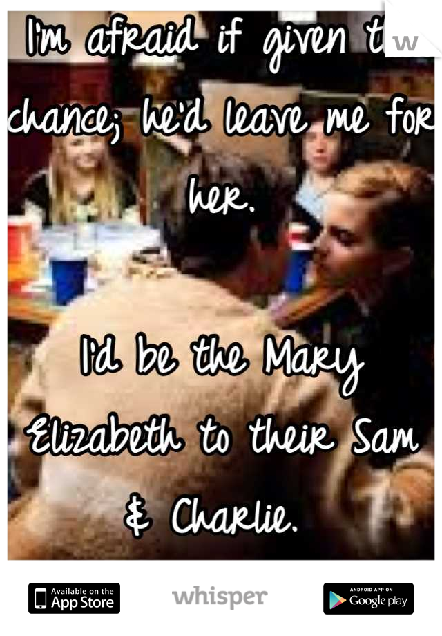 I'm afraid if given the chance; he'd leave me for her. 

I'd be the Mary Elizabeth to their Sam & Charlie. 
