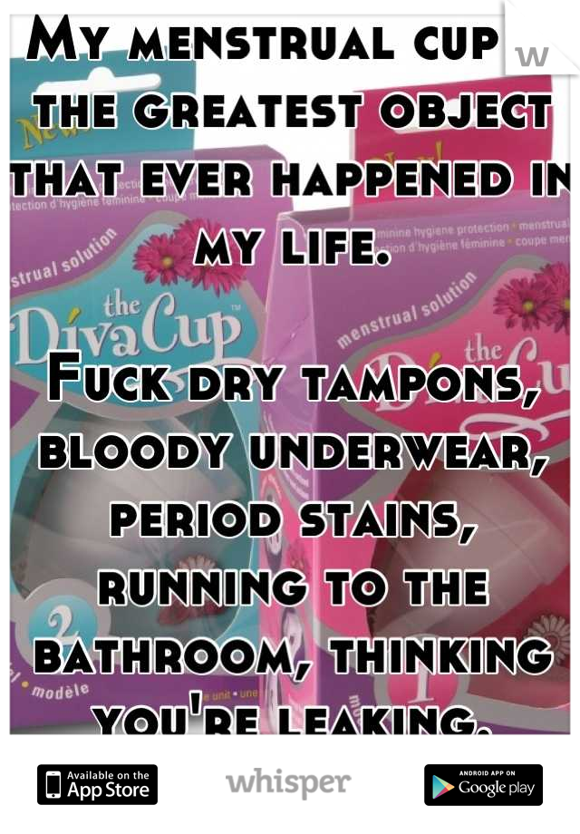 My menstrual cup is the greatest object that ever happened in my life. 

Fuck dry tampons, bloody underwear, period stains, running to the bathroom, thinking you're leaking. 
Love my diva cup. 